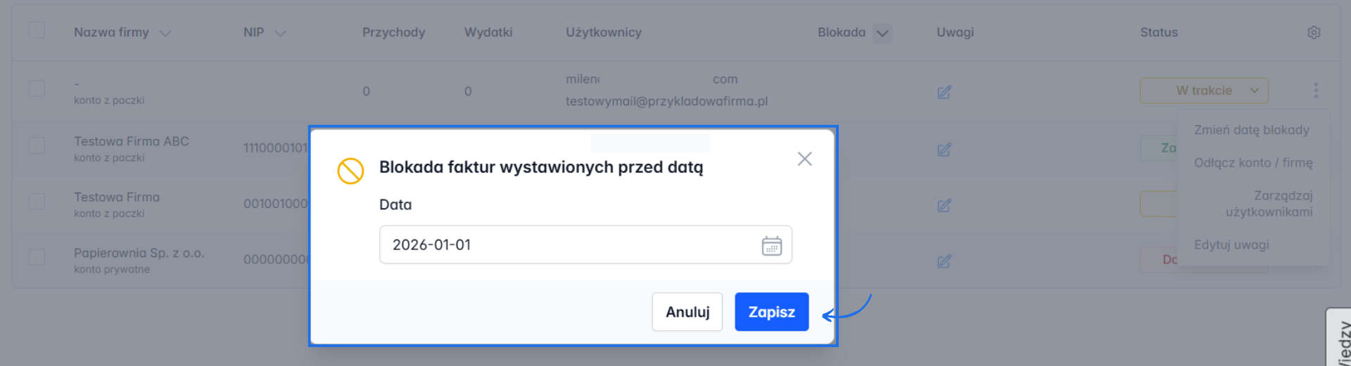Okno do ustawienia daty blokady faktur wystawionych przed datą w ramach listy obsługiwanych firm w panelu dla biur.
