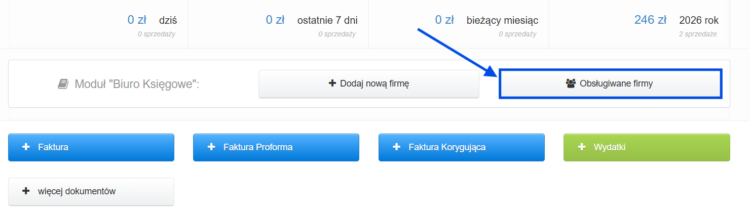 Panel główny konta aktywnego w module dla biur księgowych z opcją przejścia do listy obsługiwanych firm.