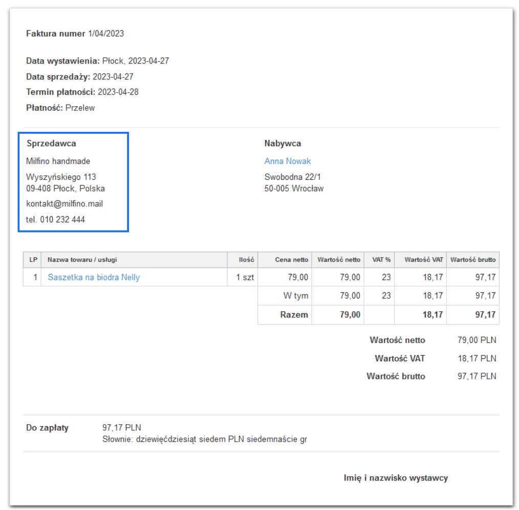 Przykładowa faktura wystawiona w systemie do fakturownia dla działalności nierejestrowanej, czyli bez NIP w danych sprzedawcy.