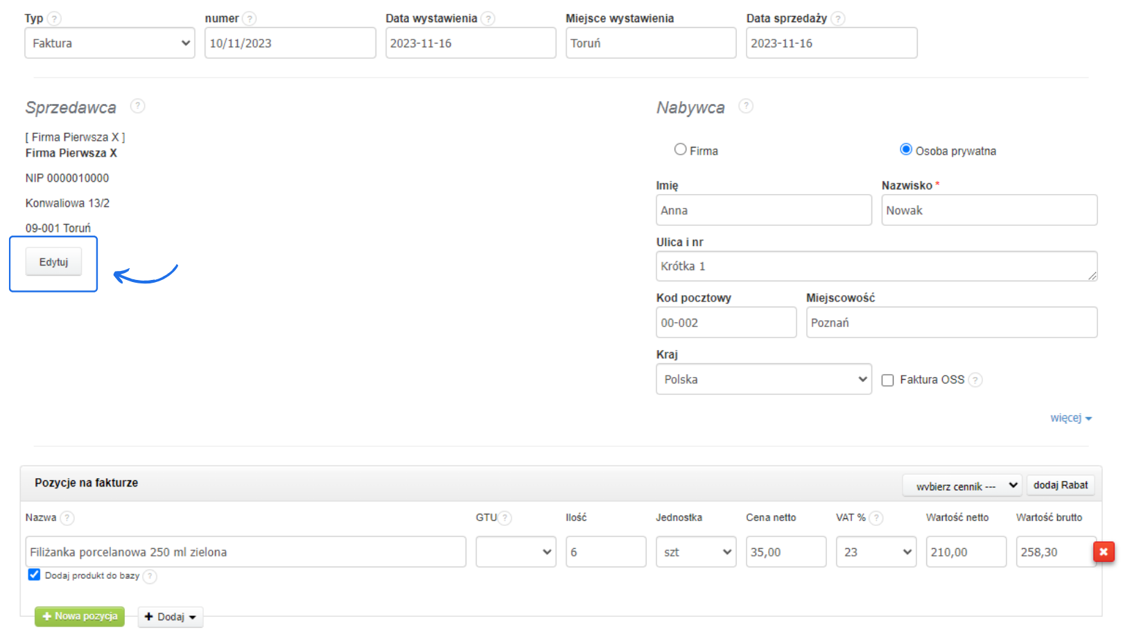 Formularz faktury w Fakturowni z widocznym przyciskiem „Edytuj” do zmiany danych sprzedawcy firmy.