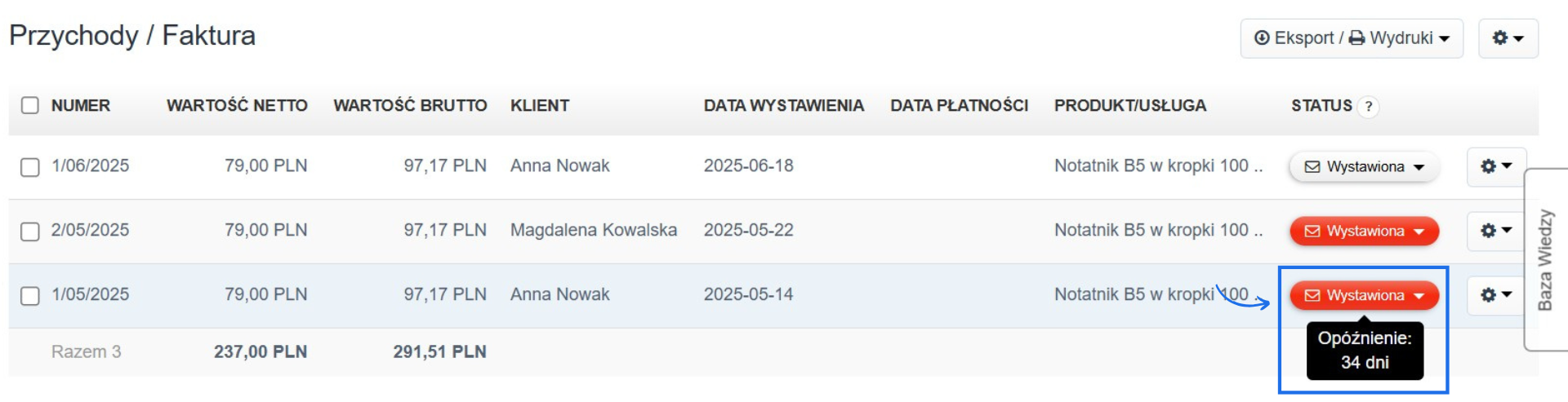 Informacje o opóźnieniu płatności (34 dni) widoczne w sekcji faktur, z wyróżnieniem jednej z faktur.