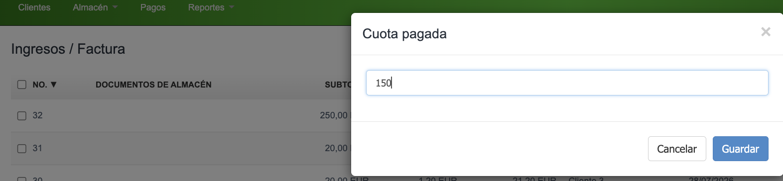 Ventana para introducir el importe pagado al cambiar el estado de la factura