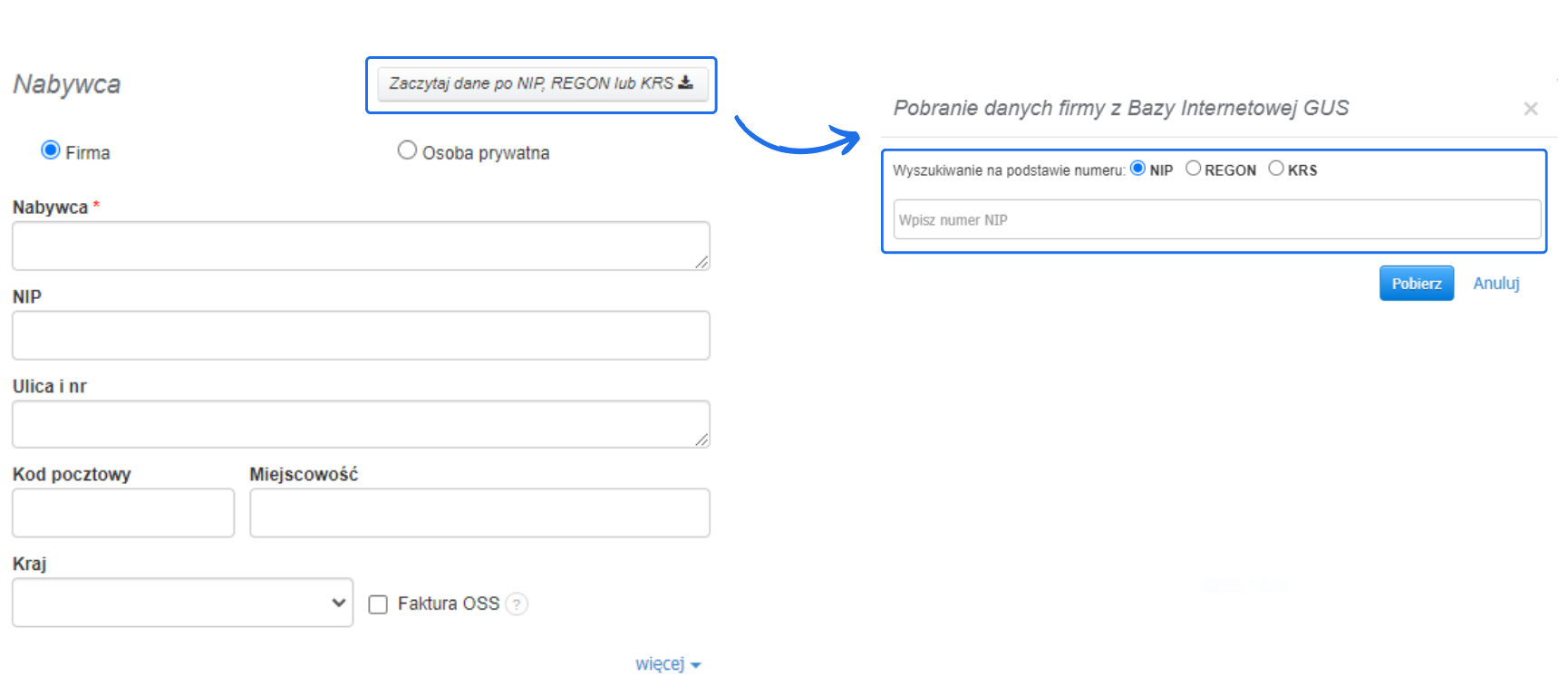 Formularz nabywcy – firma z aktywną funkcją pobierania danych z GUS po NIP, REGON lub KRS. Wybór typu nabywcy i pola adresowe.