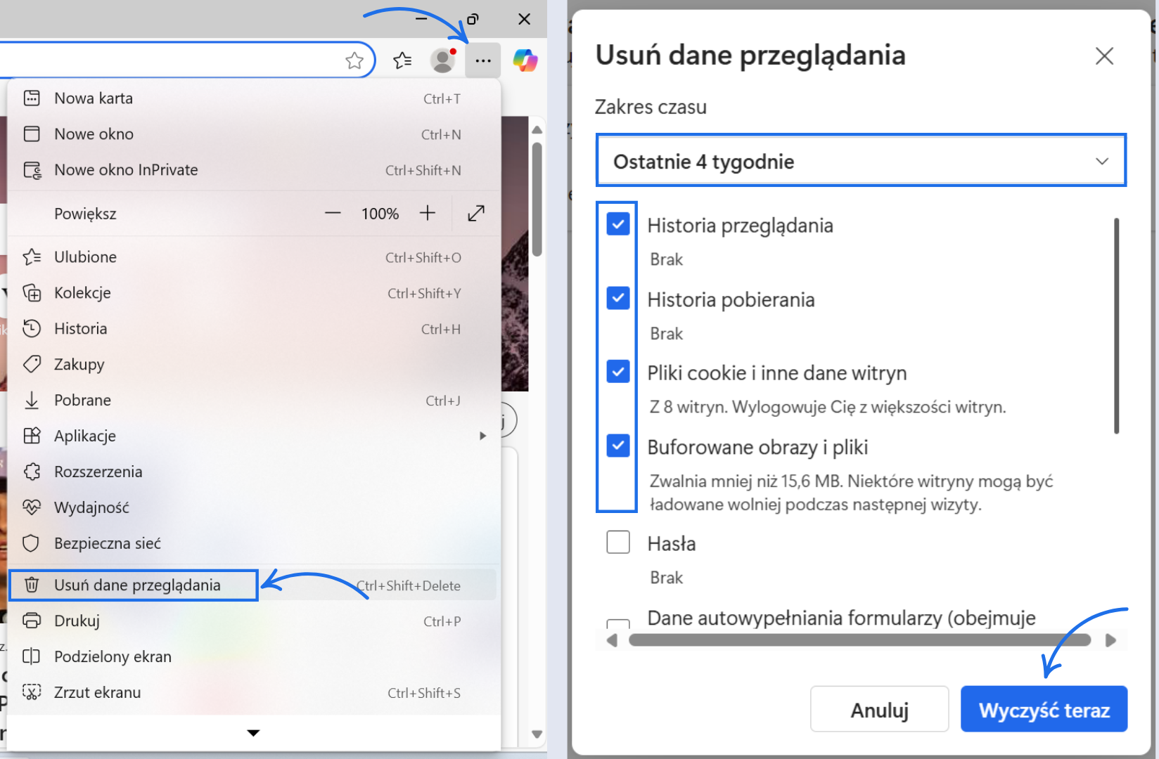 Menu przeglądarki Microsoft Edge z aktywną opcją usuwania danych przeglądania z ostatnich 4 tygodni – zaznaczone cookies i cache