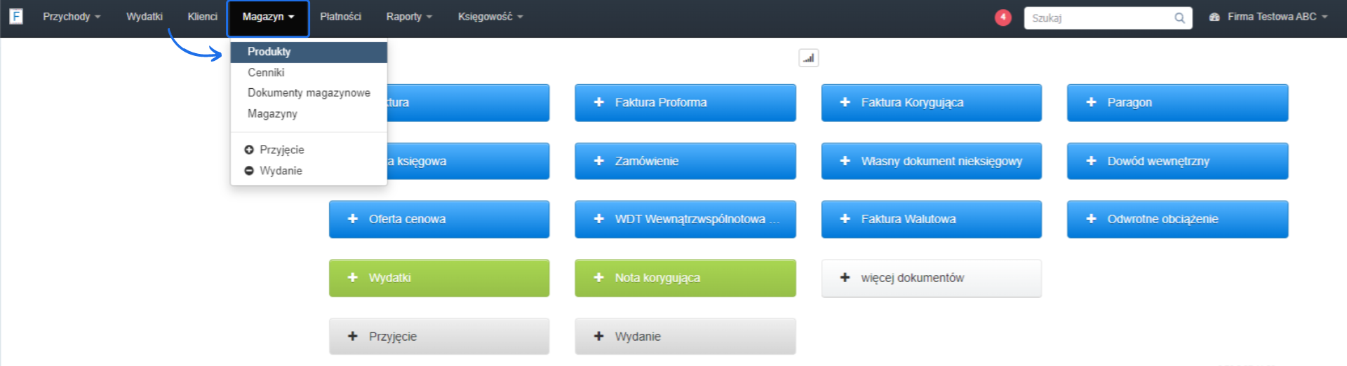 Interfejs użytkownika systemu zarządzania z menu wyboru dokumentów takich jak faktury, paragony, oferty cenowe.