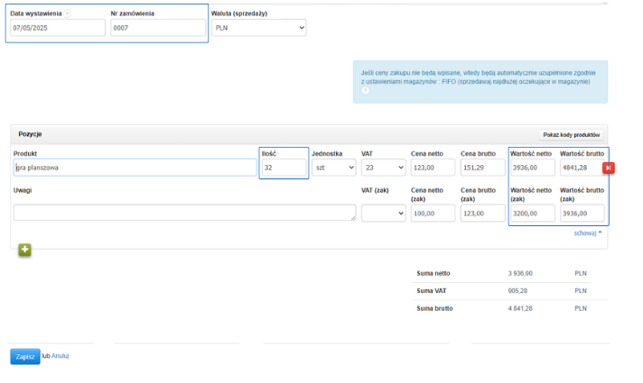 Formularz dokumentu magazynowego z dodaną pozycją „Gra planszowa”, ilość 32 szt., cena netto 123 zł, wartość brutto 4841,28 zł.