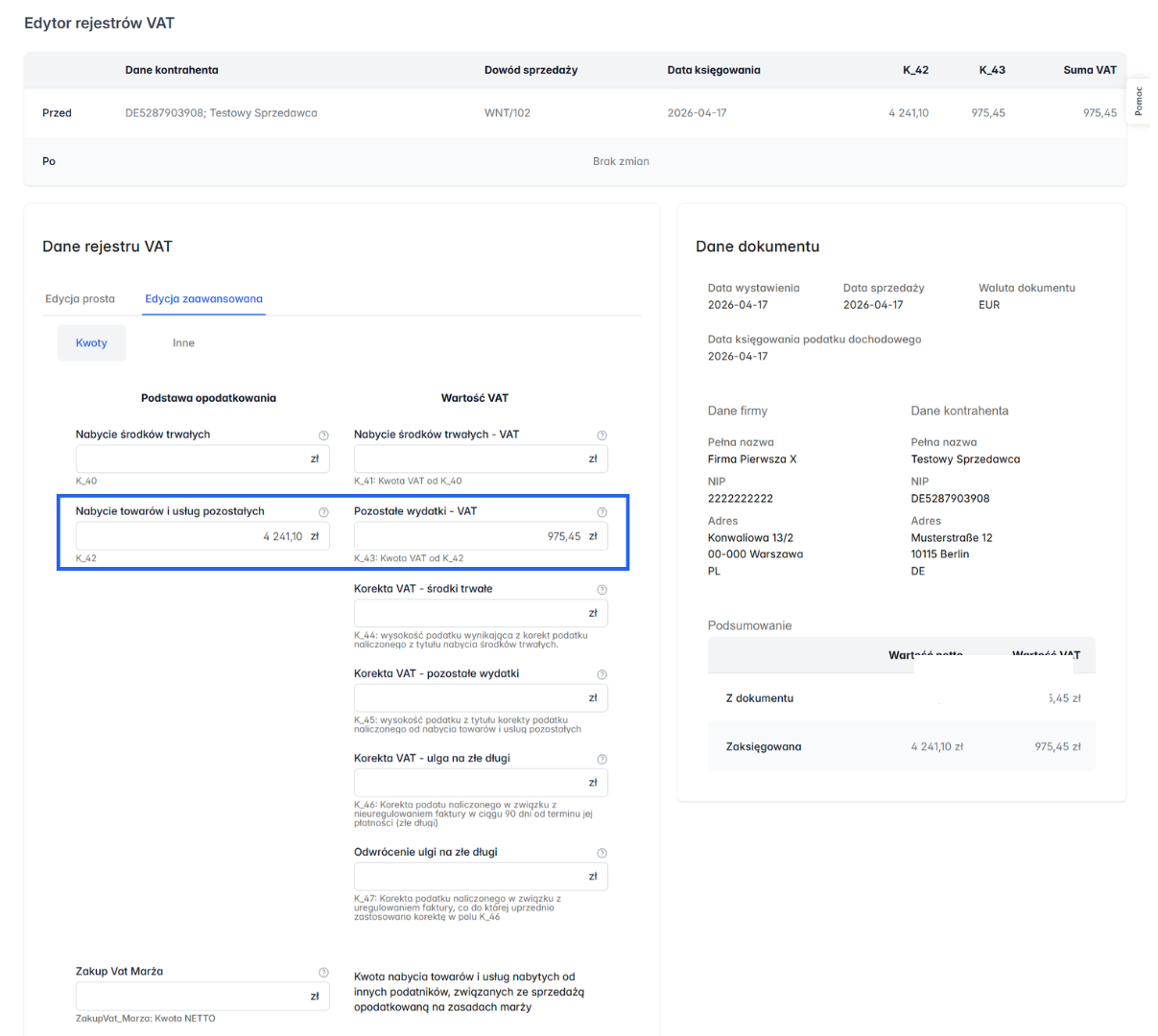Rejestry VAT zakupu dla faktury WNT.