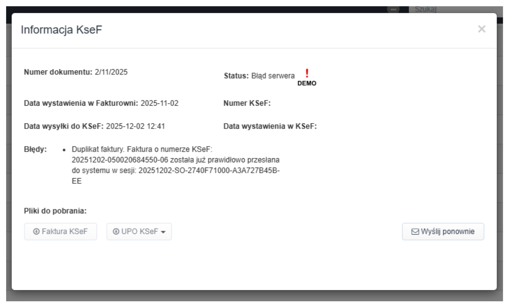 Komunikat o błędzie KSeF: duplikat faktury, która została już przesłana. Status: błąd serwera, tryb DEMO.