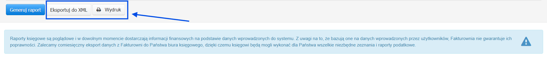 Opcje eksportu do XML oraz wydruku raportu JPK_MAG po wygenerowaniu danych.