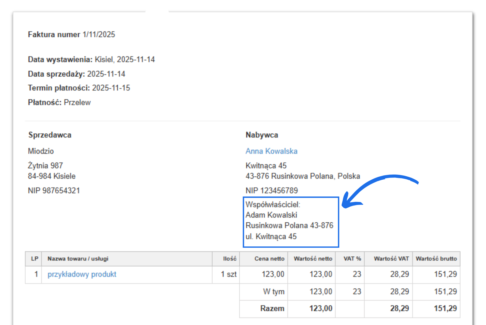 Faktura z danymi nabywcy, sprzedawcy i współwłaściciela Adamem Kowalskim oraz pozycją produktu z VAT 23%
