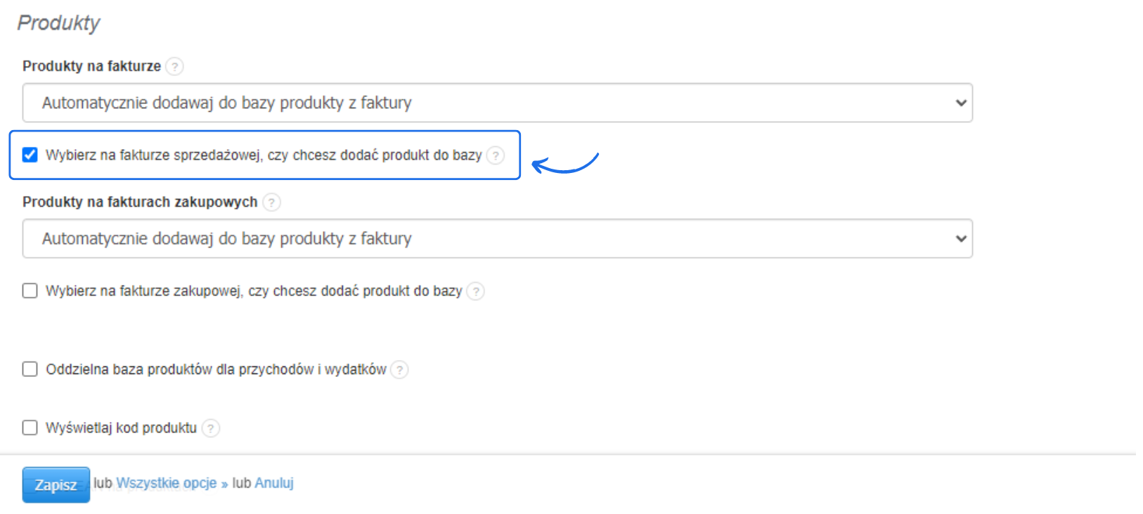 Ekran ustawień w Fakturownia.pl z włączoną opcją 'Wybierz na fakturze sprzedażowej, czy chcesz dodać produkt do bazy'.