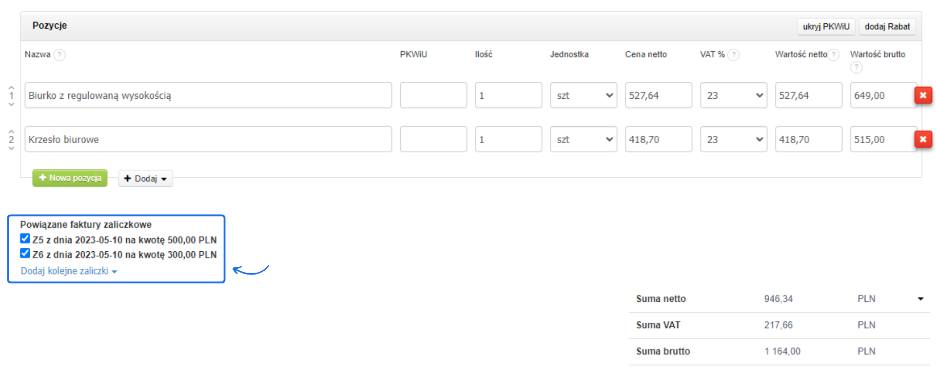 Tworzenie faktury końcowej z powiązanymi fakturami zaliczkowymi Z5 i Z6, pokazującymi szczegóły zamówienia z pozycjami 'Biurko z regulowaną wysokością' i 'Krzesło biurowe'.