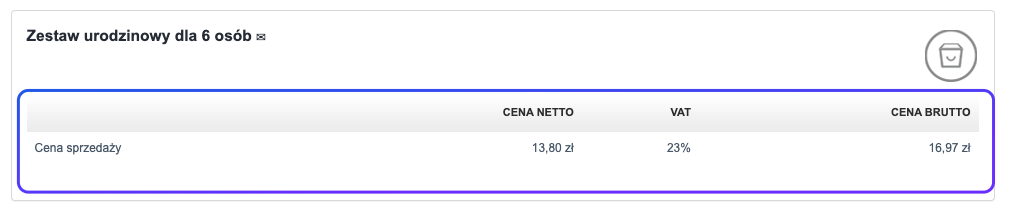 "Cena Zestawu urodzinowego dla 6 osób w Fakturowni - netto 13,80 zł, brutto 16,97 zł, VAT 23%, oznaczenie zestawu ikoną kosza."
