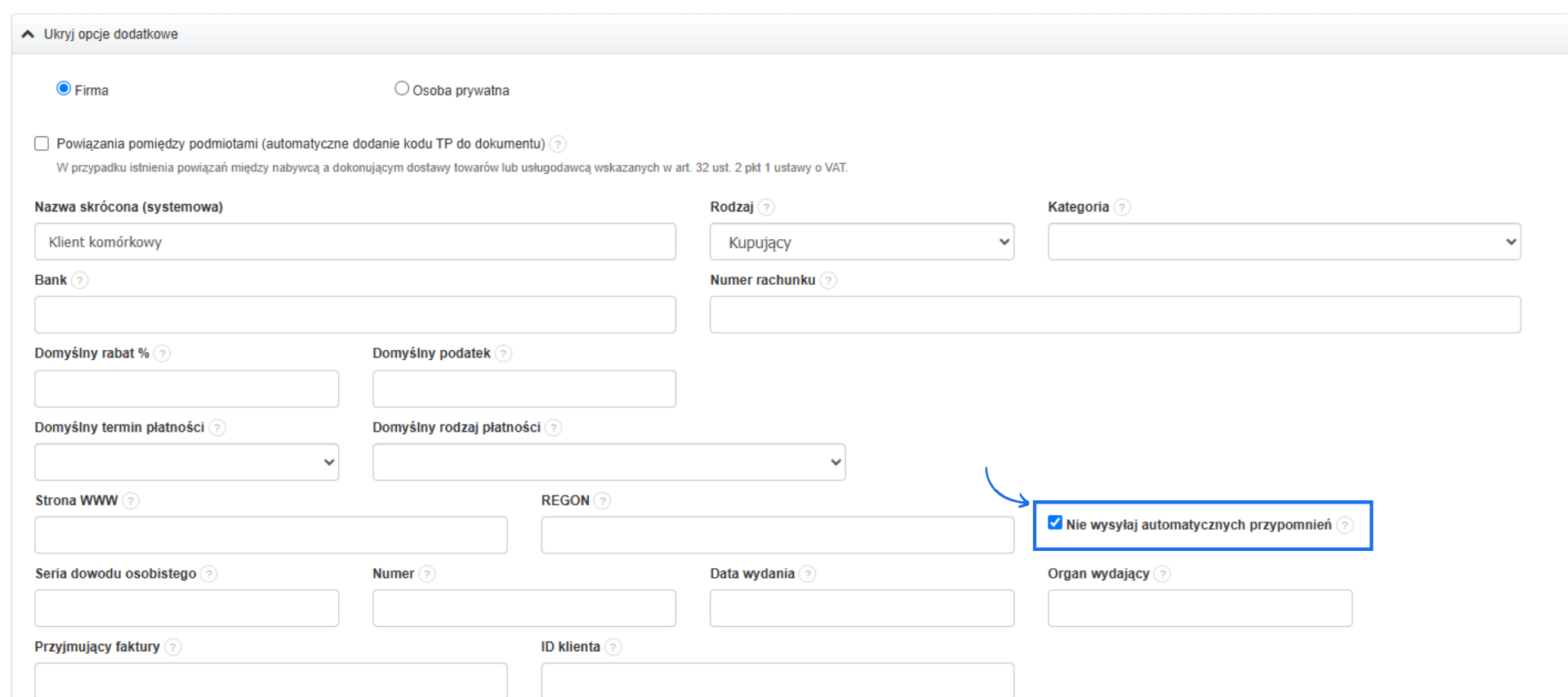 Zaznaczona opcja „Nie wysyłaj automatycznych przypomnień” w danych klienta, wyłączająca automatyczne e-maile i SMS z monitami o płatność.