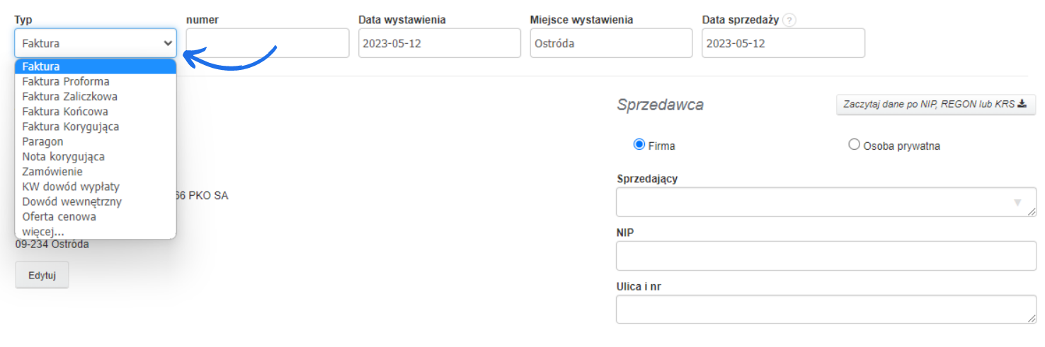Ekran wyboru typu dokumentu w systemie faktur z opcjami różnych rodzajów faktur i danych sprzedawcy.