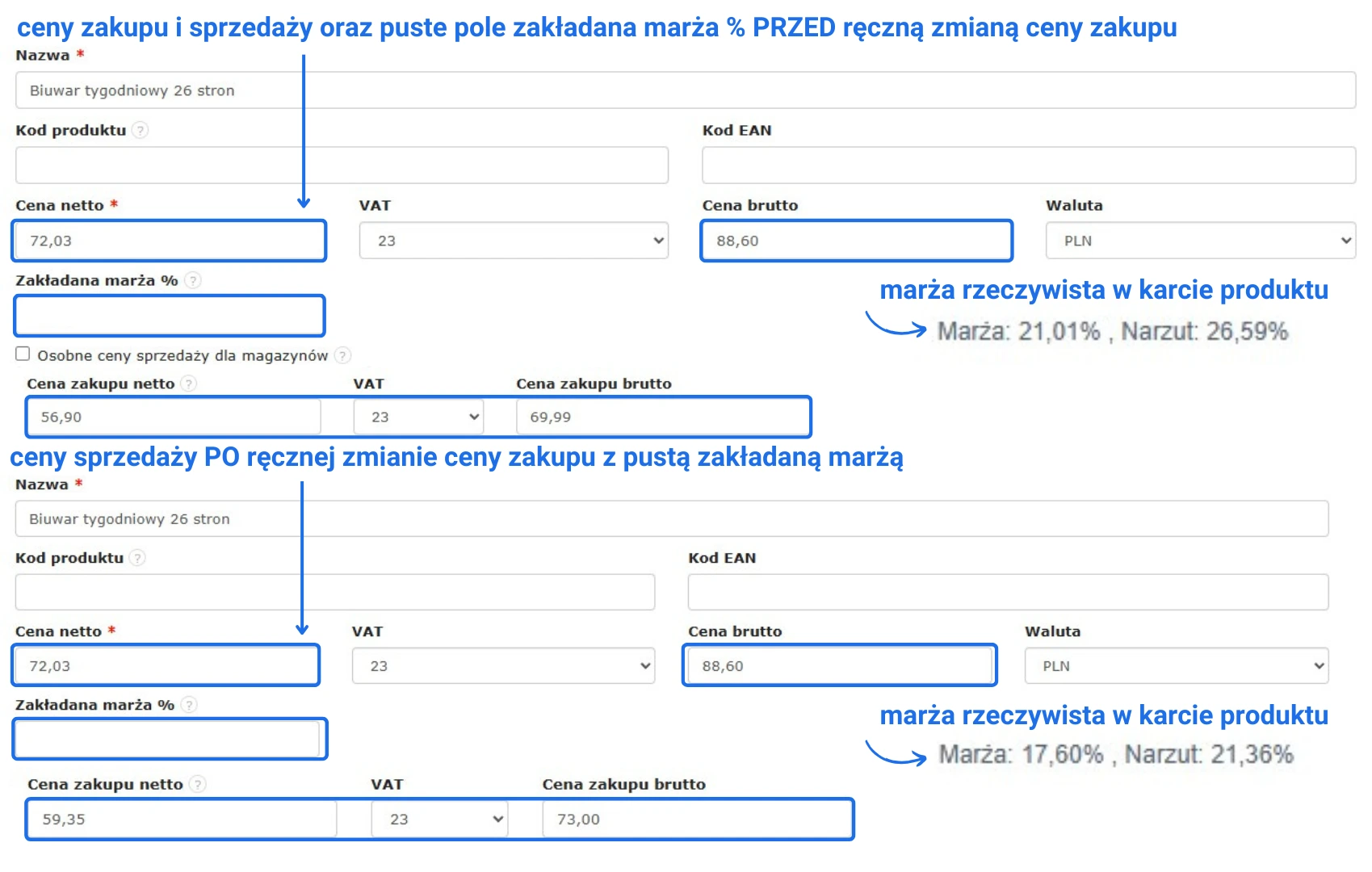 Porównanie cen zakupu i sprzedaży oraz marży rzeczywistej przed i po ręcznej zmianie ceny zakupu z pustym polem zakładanej marży dla produktu 'Biuwar tygodniowy 26 stron'.