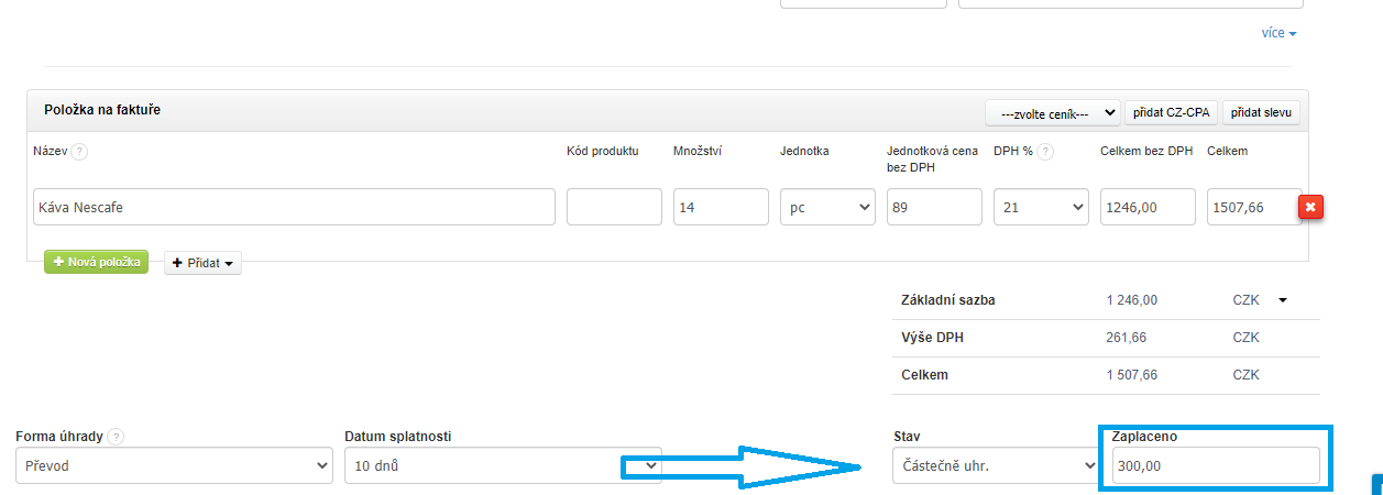 Faktura castecne uhrazena