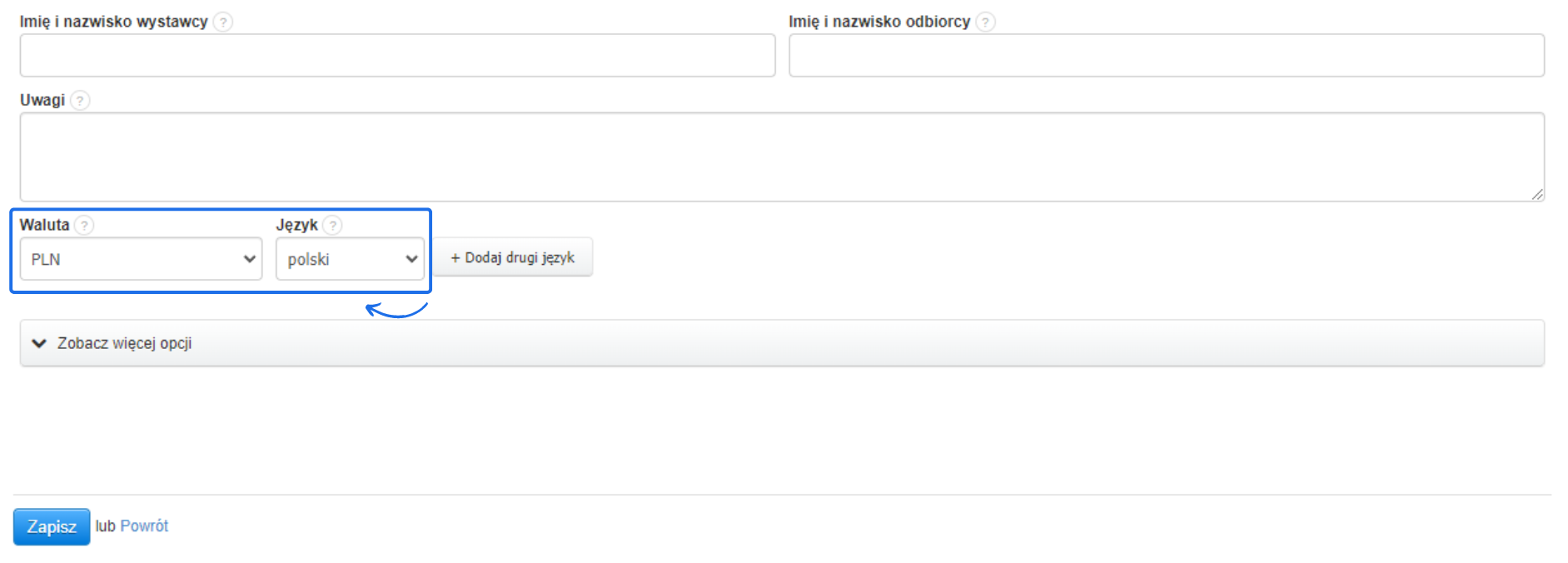 Formularz edycji dokumentu z opcjami wyboru waluty i języka, ustawionymi na PLN i polski, z możliwością dodania drugiego języka.
