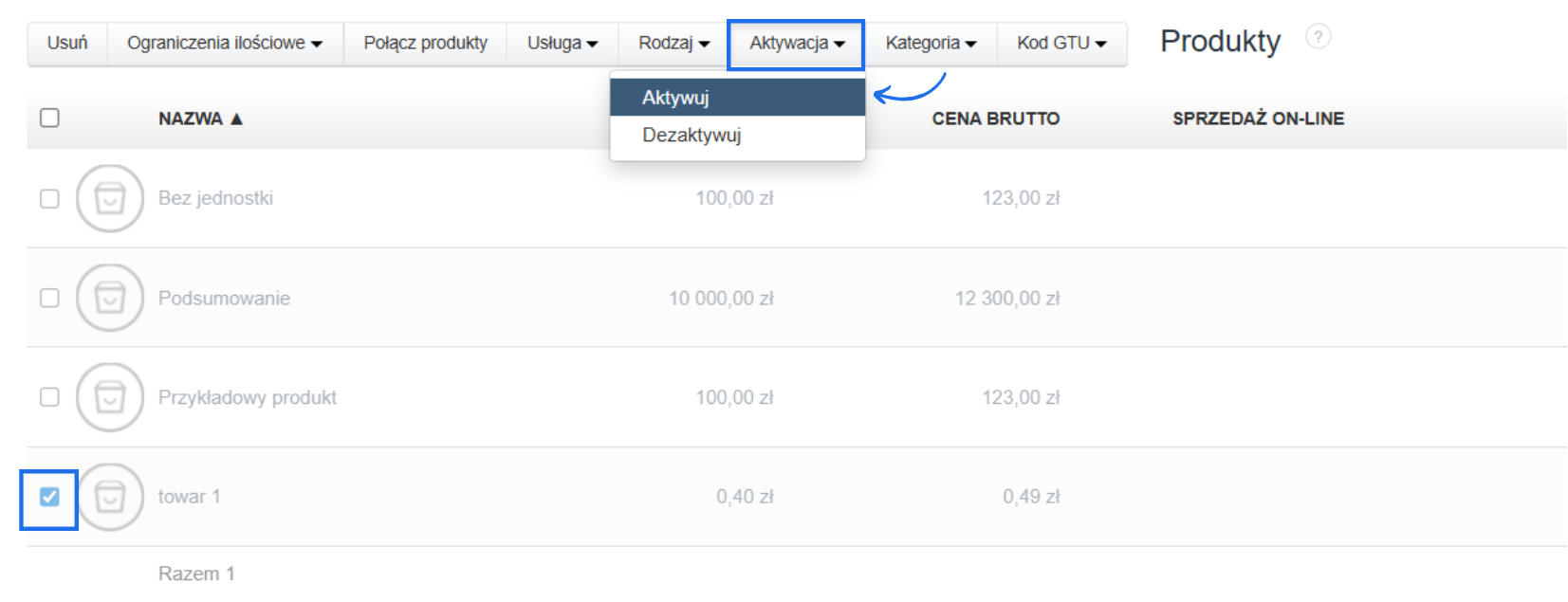 Lista produktów nieaktywnych z możliwością masowej aktywacji.