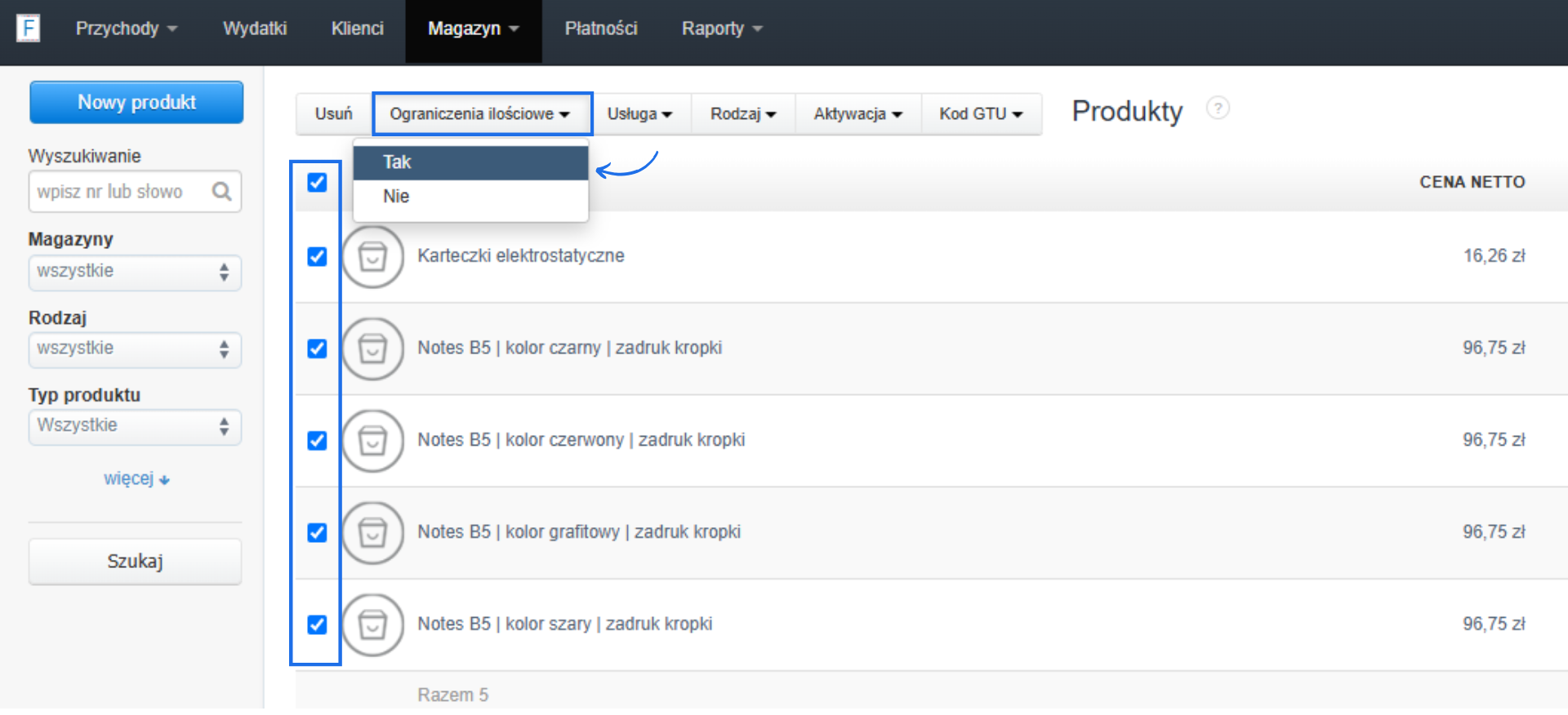 Lista produktów w systemie Fakturownia, dla których aktywowana jest opcja ograniczenia magazynowego.