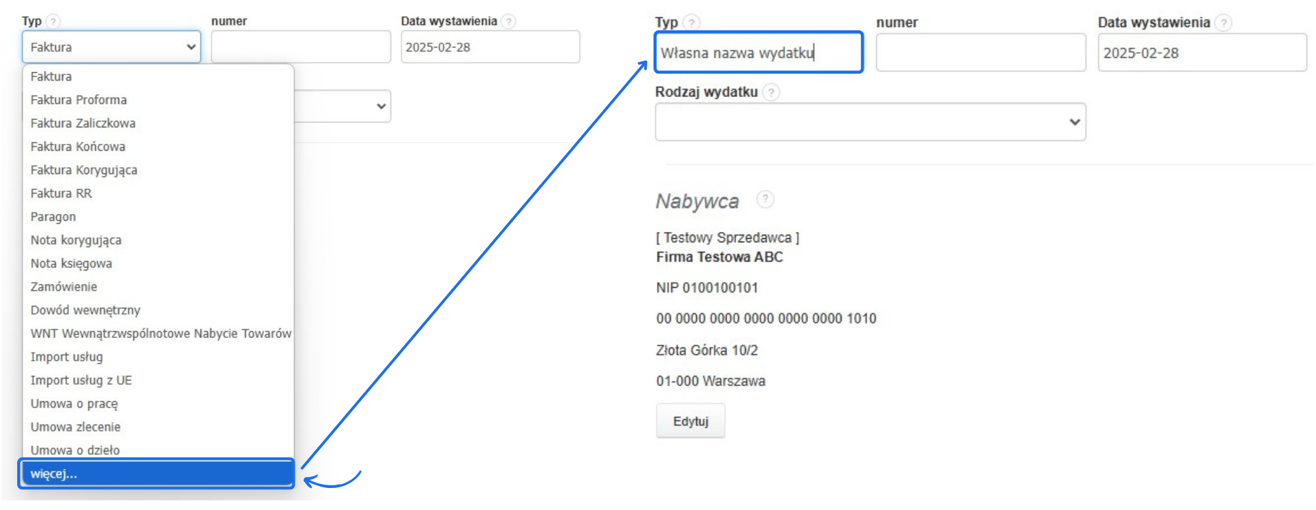 System Fakturownia – rozwijana lista typów dokumentów z opcją dodania własnej nazwy wydatku. Podświetlony przycisk 'więcej...'.