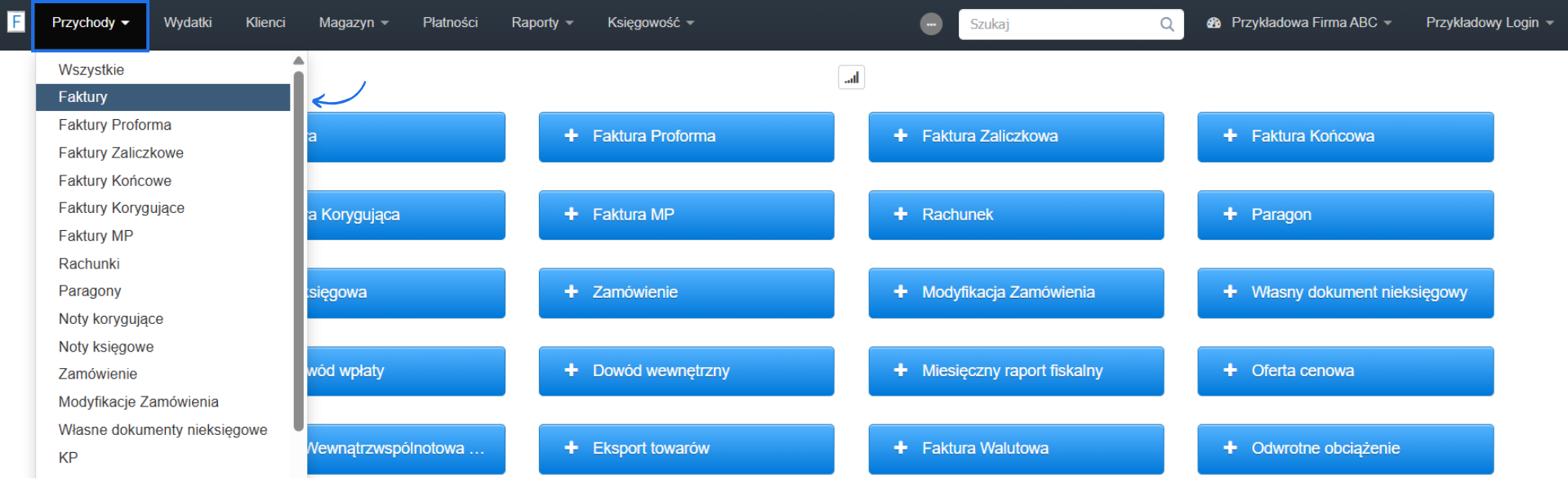Strona główna systemu Fakturownia z rozwiniętą listą dokumentów do wystawieni po stronie przychodów.