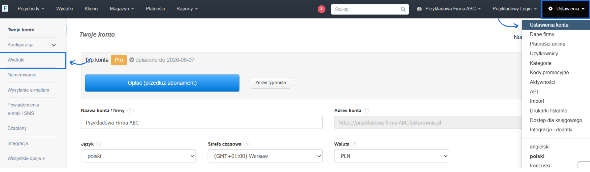 Ustawienia konta w systemie Fakturownia z aktywną zakładką dotycząca ustawień wydruków faktur.
