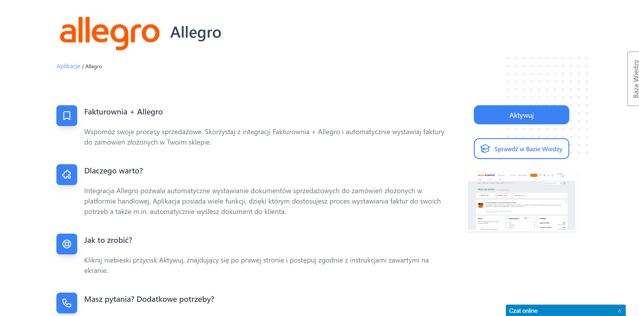 Podstawowe informacje o wtyczce Fakturownia + Allegro z możliwością aktywacji za pomocą przycisku 'Aktywuj'.