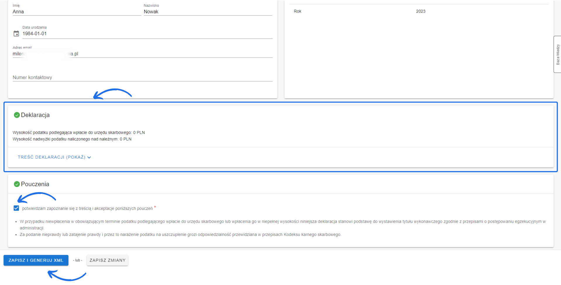 Ekran korekty deklaracji podatkowej. Zaznaczone pole potwierdzenia zapoznania się z pouczeniami oraz przycisk 'Zapisz i generuj XML'.