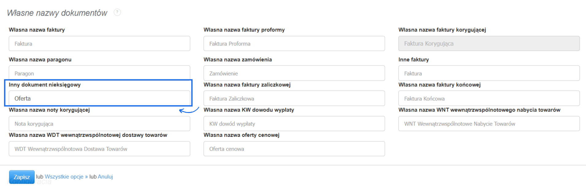 Formularz z możliwością nadania własnego nazwy dla dokumentu nieksięgowego w systemie do fakturowania online.