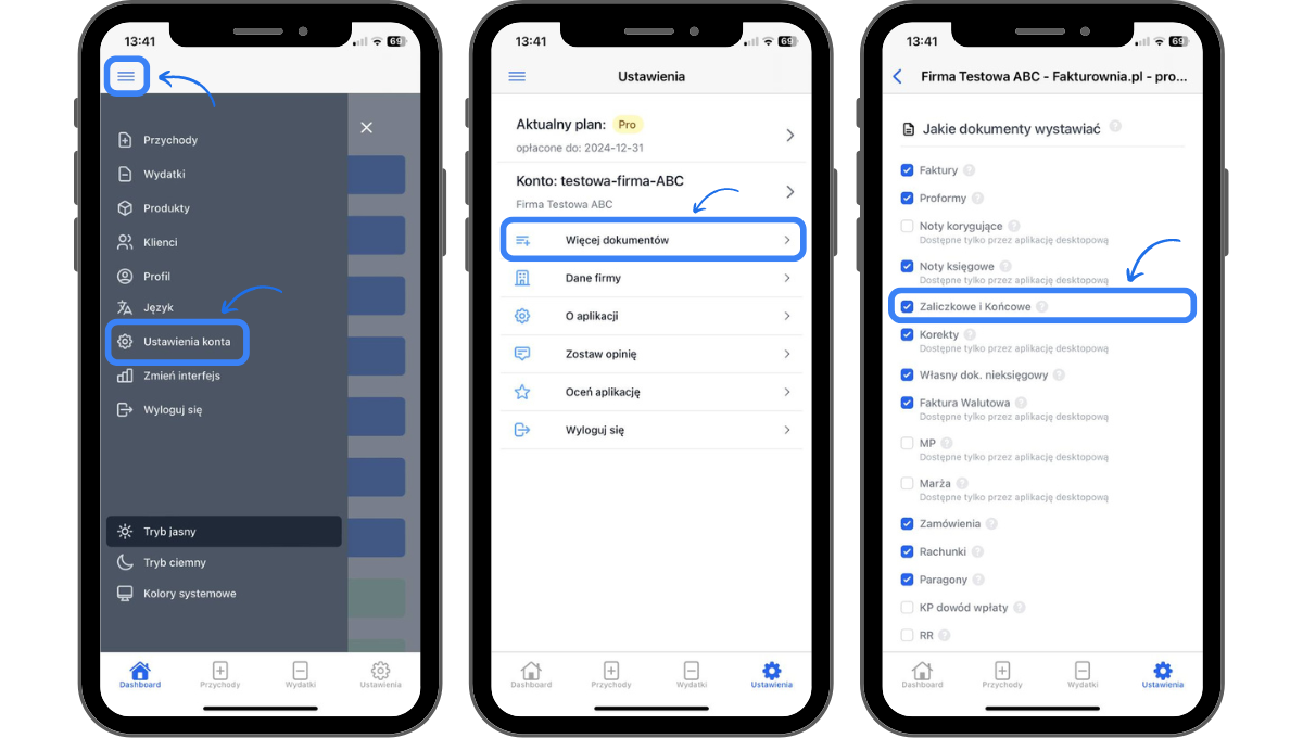 jak wystawić fakturę zaliczkową i końcową w aplikacji mobilnej