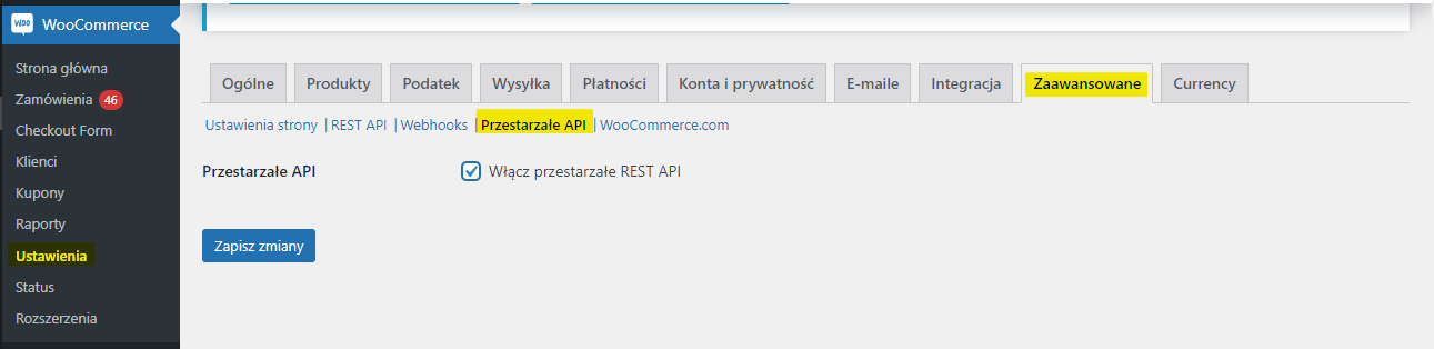 Ustawienia WooCommerce z zaznaczoną opcją włączenia przestarzałego REST API w zakładce 'Zaawansowane'.