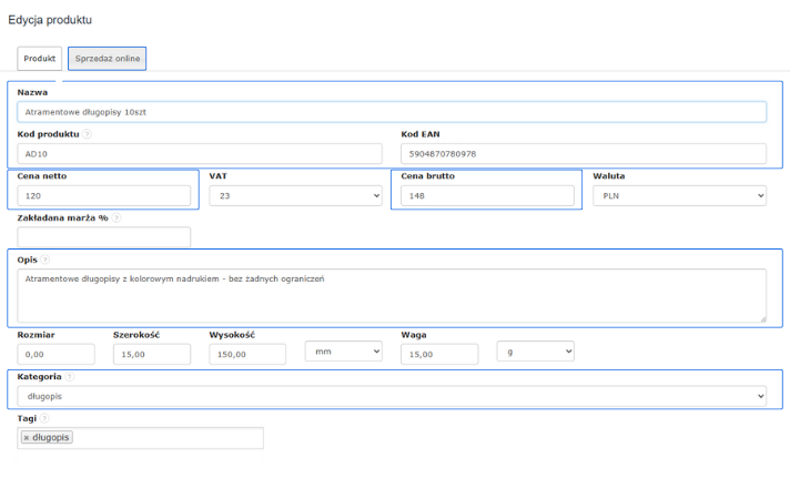 Edycja produktu z opisem, cenami, wymiarami, kod produktu, ean, sku, producenta i kategorią, aktywna funkcja sprzedaży online.