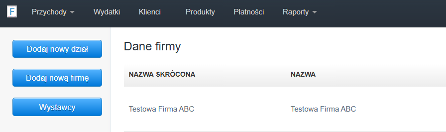 Zakładka z danymi firm/działów dodanych na koncie z możliwością skorzystania z przycisków: Dodaj nowy dział, Dodaj nową firmę, Wystawcy.