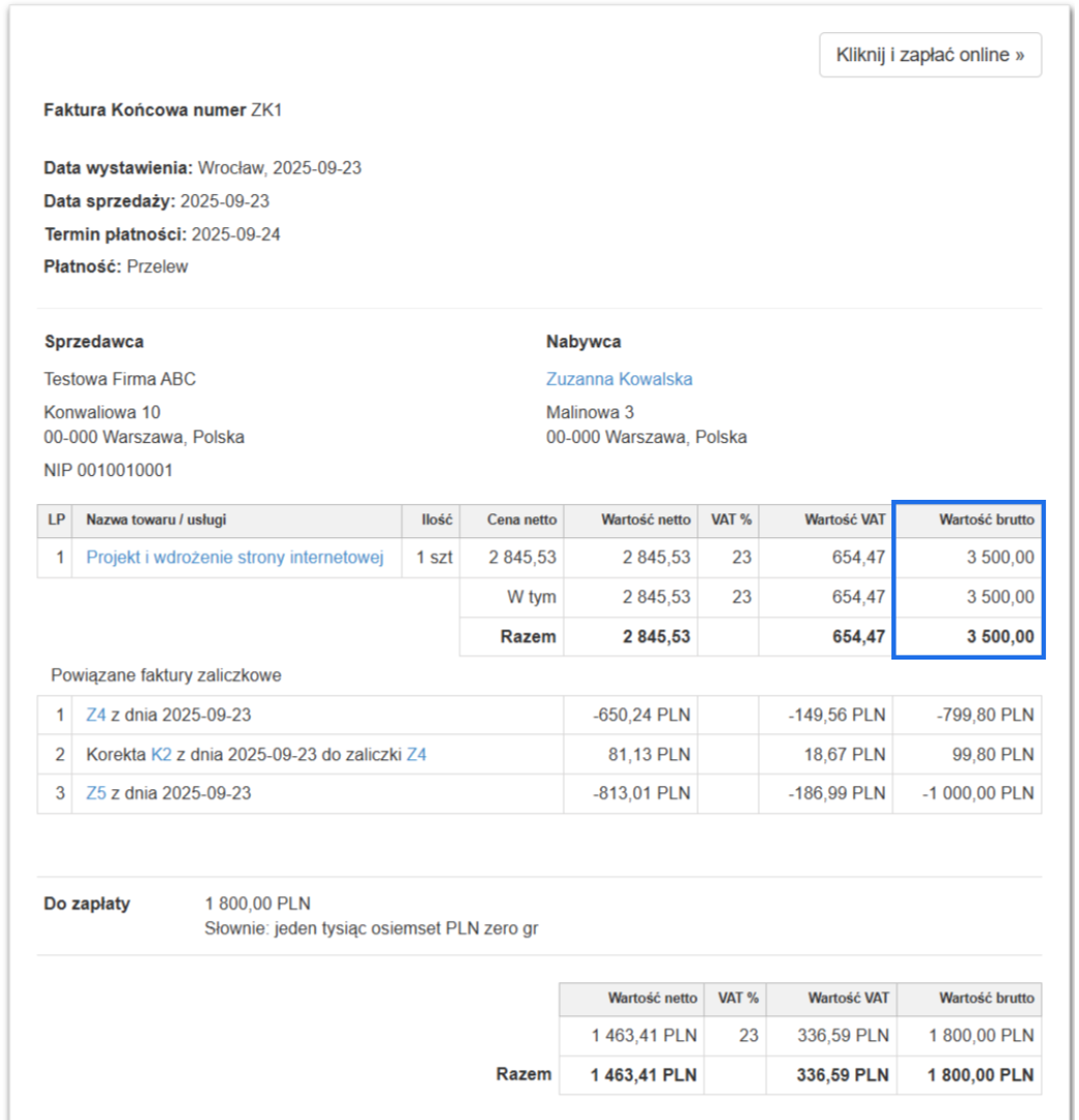 Faktura końcowa wystawiona do zamówienia, które w trakcie realizacji wymagało korekty wartości brutto.