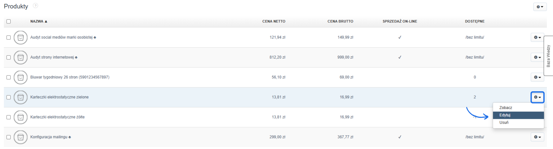 Lista produktów z opcją edycji pozycji, w tym dostępność, ceny netto i brutto oraz możliwość sprzedaży online, zaznaczono edytowaną pozycję.