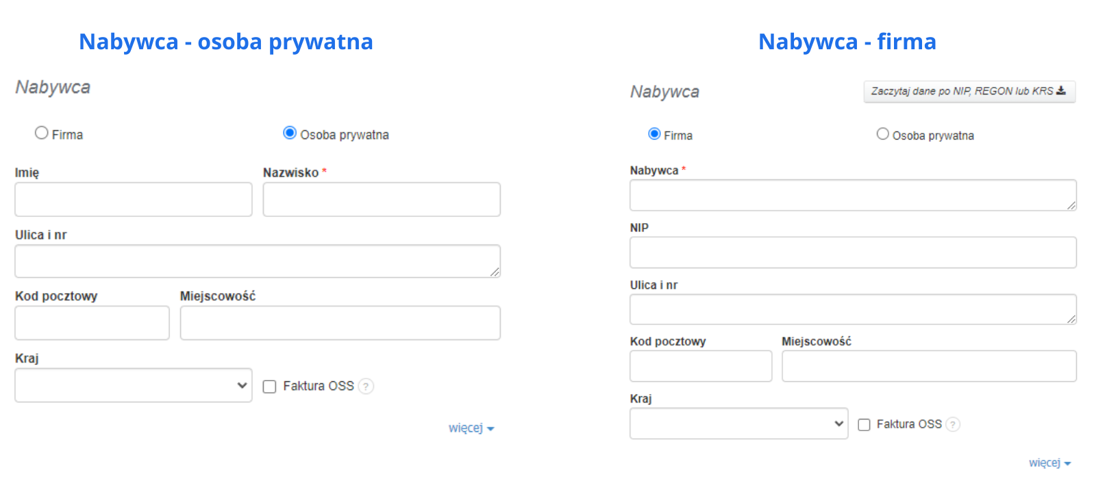 Formularz wyboru typu nabywcy: osoba prywatna z polami imię i nazwisko lub firma z nazwą, NIP i danymi adresowymi.