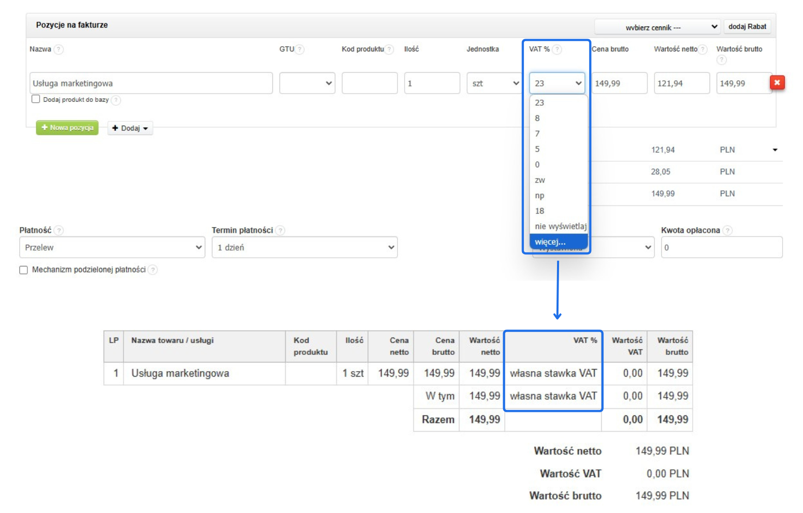 Fakturowanie usługi marketingowej w systemie Fakturownia, z rozwiniętą listą stawek VAT i wybraną opcją własnej stawki VAT.