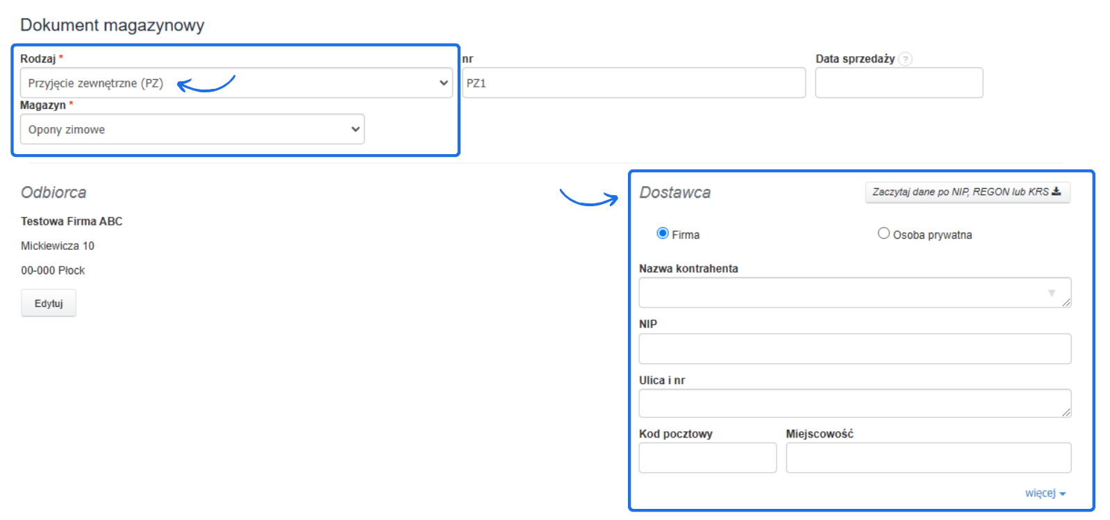 Formularz dokumentu magazynowego z wybranym 'Przyjęcie zewnętrzne (PZ)' i sekcją dostawcy do uzupełnienia danych kontrahenta.