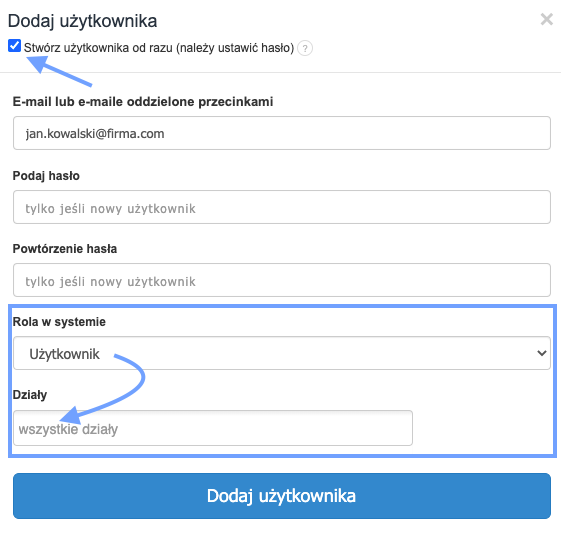 Formularz dodawania użytkownika w systemie Fakturownia, z możliwością natychmiastowego utworzenia konta, ustawienia hasła i przypisania do wszystkich działów.