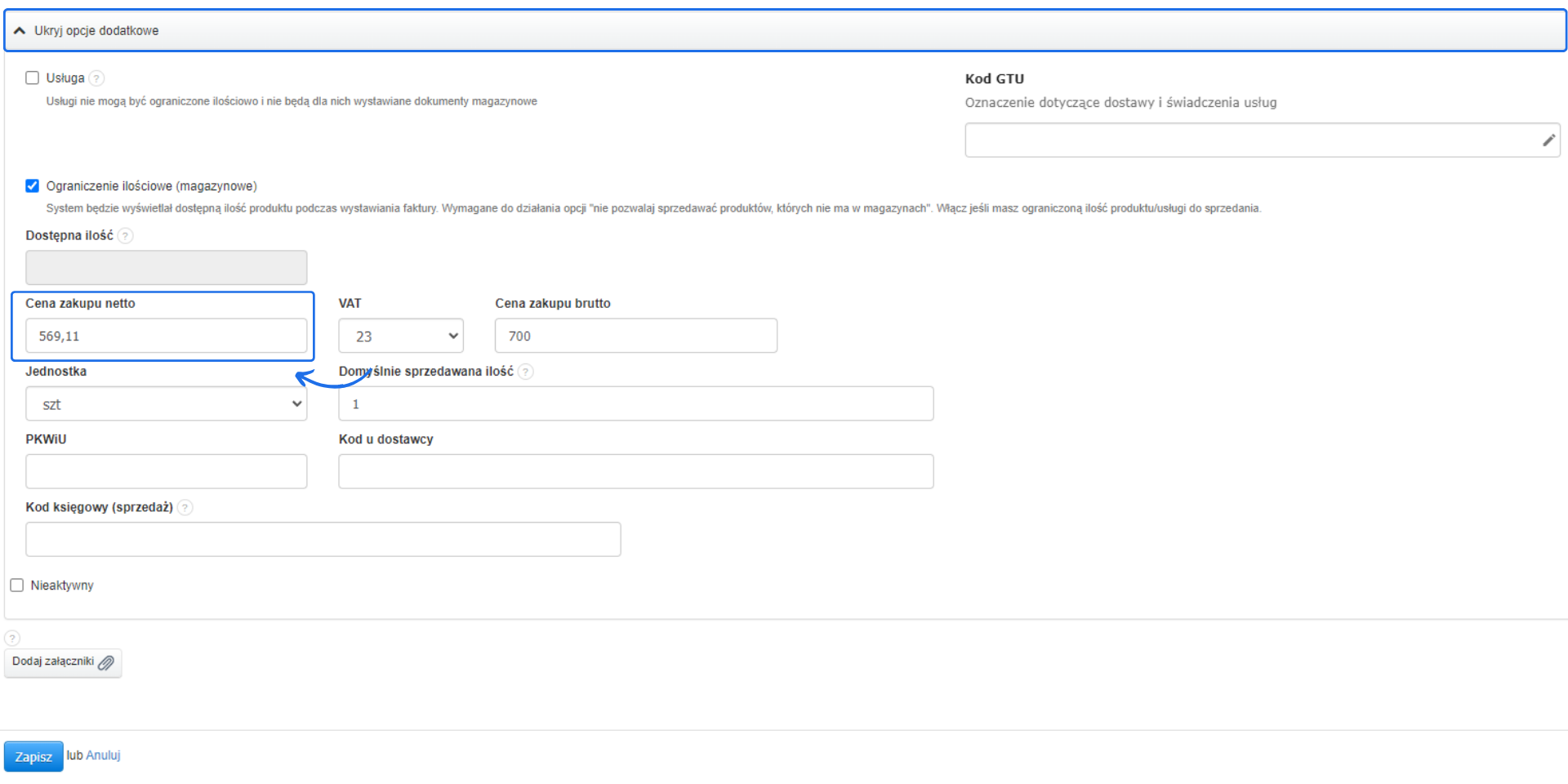 cena zakupu w karcie produktu