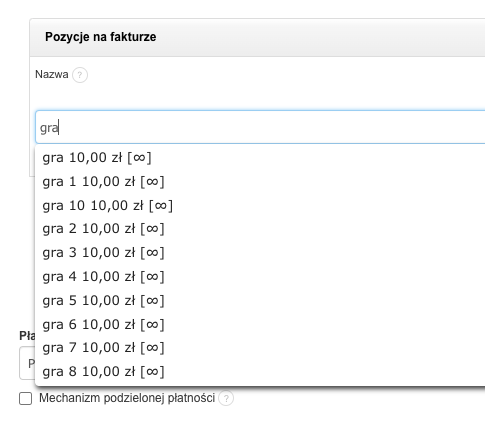 Lista produktów w polu Nazwa na fakturze w systemie Fakturownia, z podpowiedziami dla frazy 'gra' i wyświetlonymi wynikami.