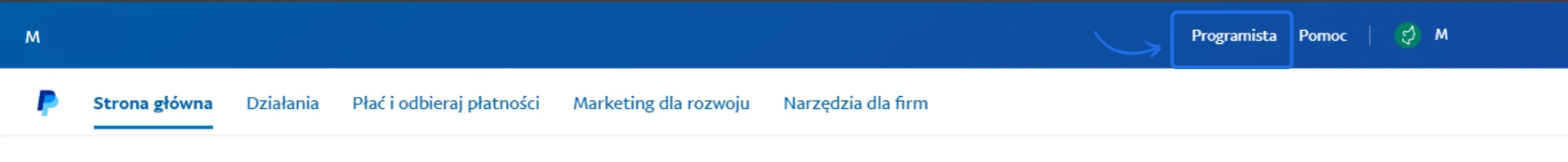 Nawigacja w panelu PayPal z zaznaczoną opcją 'Programista' obok zakładek takich jak Strona główna, Działania i Narzędzia dla firm.