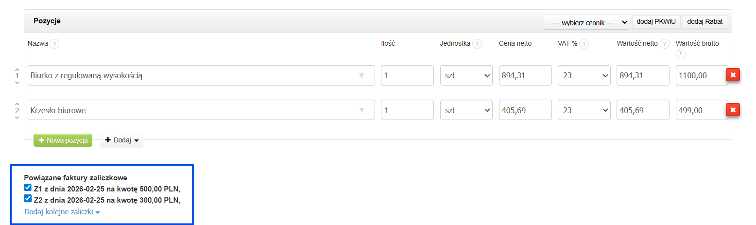 Tworzenie faktury końcowej z powiązanymi fakturami zaliczkowymi Z1 i Z2, pokazującymi szczegóły zamówienia z pozycjami 'Biurko z regulowaną wysokością' i 'Krzesło biurowe'.