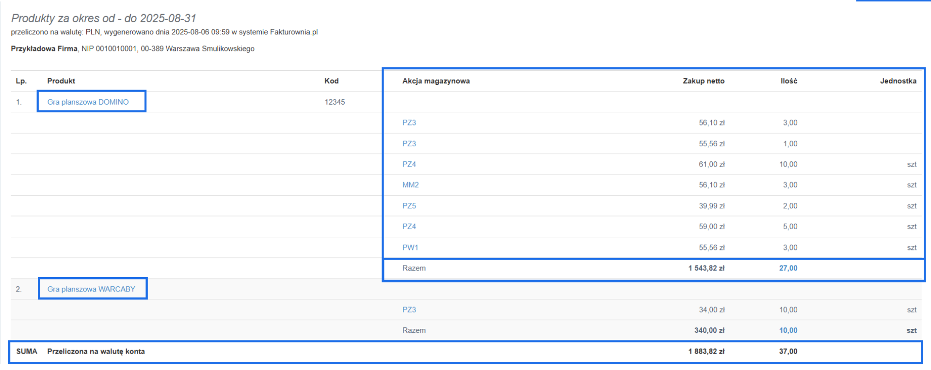 Raport inwentaryzacja kosztowa z danymi o produktach dostępnych na stanie magazynowym.