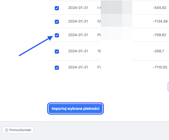 Opcja importu wybranych płatności w aplikacji Fakturownia, zaznaczone transakcje do importu lub odznaczenia.