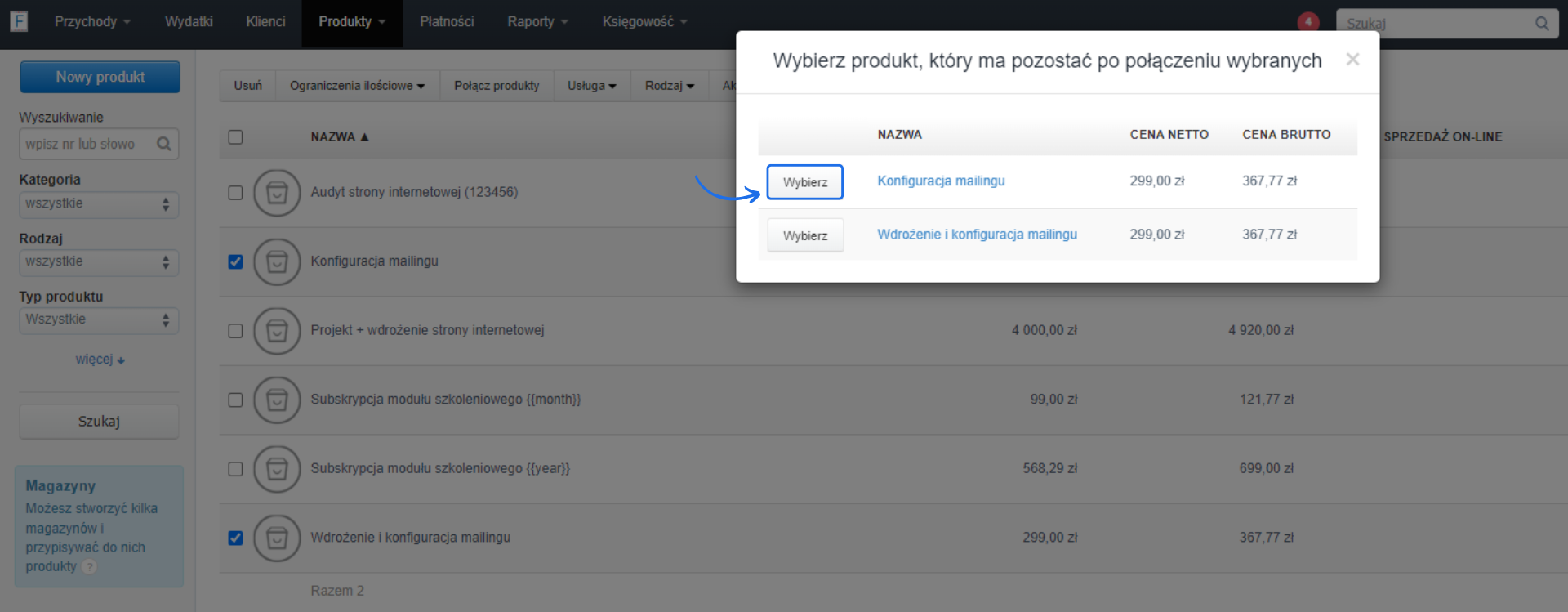 Panel wyboru produktu w Fakturowni przy skorzystaniu z opcji 'Połącz produkty', gdzie należy wybrać, który ze zdublowanych produktów ma pozostać w bazie.
