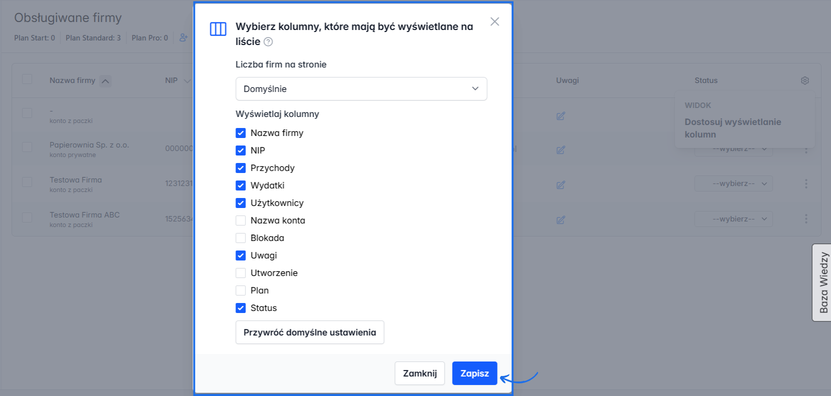 Ustawienia kolumn na liście wyświetlanych firm w ramach panelu z możliwością zwiększenia liczny firm na stronie.