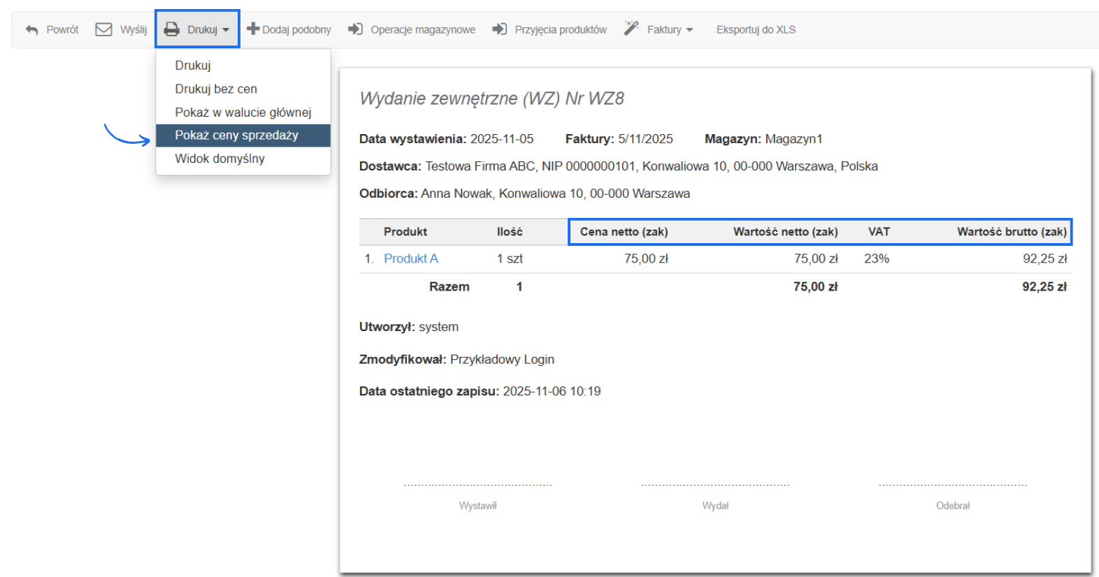 Dokument magazynowy WZ8 z widocznymi cenami zakupu, aktywną zakładką drukuj i opcją zmiany cen na ceny sprzedaży.