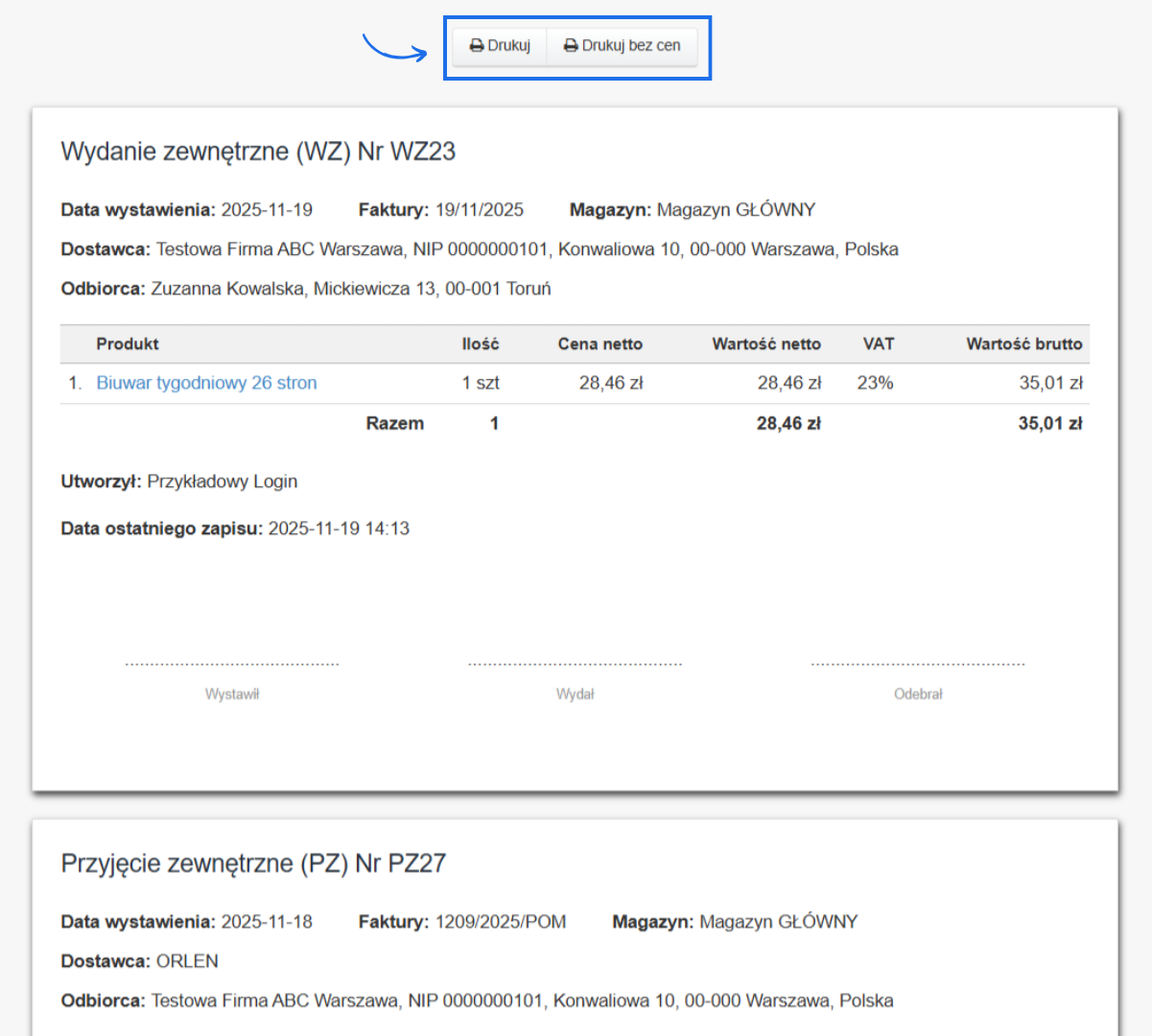 Podgląd wybranych na liście dokumentów magazynowych z dostępnymi przyciskami drukuj oraz drukuj bez cen.